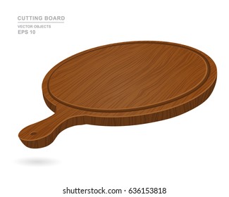 Wooden round empty cutting board for pizza isolated on white background. Vector illustration of kitchen object. Realistic design svg