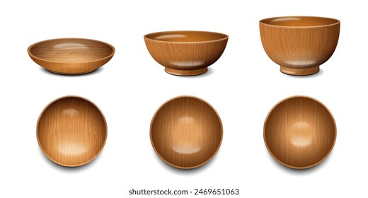 Wooden round food bowls, plates realistic 3d vector illustration set. Empty eco kitchen cutlery withwood texture - side and top view.Ecological dish kitchenware accessory, mockup dishware of circular 