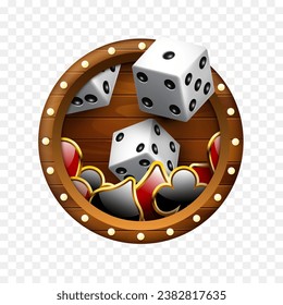 Wooden round frame with dice and card suits inside. Vector clipart.