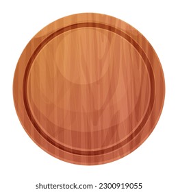 Wooden round pizza board, pate top view in cartoon style isolated on white background. Kitchen enpty cutting desk. 