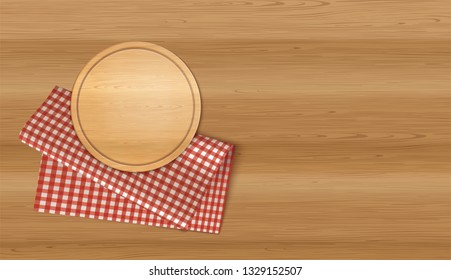 Wooden Round Pizza Board And Traditional Red Plaid Linen Napkin On The Wooden Table. Vector Photo Realistic Kitchen Background. Top View