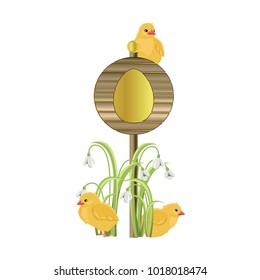 Wooden round pointer with a golden image of an Easter egg, sitting on it small yellow chickens, thickets of white flowers. Easter. Vector illustration