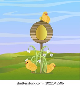 Wooden round pointer with a golden image of an Easter egg, sitting on it small yellow chickens, thickets of white flowers. Green field with windmills, sky and clouds. Easter. Vector illustration 