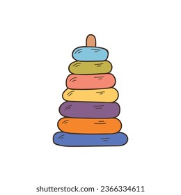 Wooden round pyramid of blocks colorful doodle illustration in vector. Wooden pyramid stacking rings toy colorful hand drawn icon isolated on white background