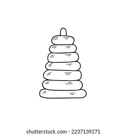 Wooden round pyramid of blocks doodle illustration in vector. Wooden pyramid stacking rings toy doodle icon. 