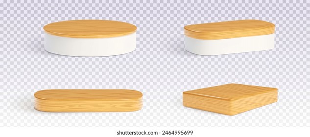 Podio de madera redondo y rectangular con sombra sobre fondo transparente. Juego de Ilustración vectorial 3D realista de cilindro y cubo de mercancías plataforma de visualización y pedestal para la presentación.