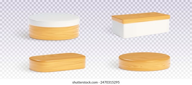 Wooden round and rectangular product podium with shadow on transparent background. Realistic 3d vector illustration set of cylinder and cube goods display platform and pedestal for presentation.