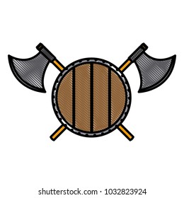 wooden round shield with axes vector illustration
