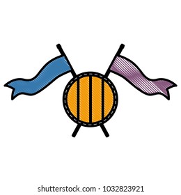 wooden round shield with pennants vector illustration