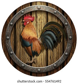 Wooden round shield with a rooster on a blank background