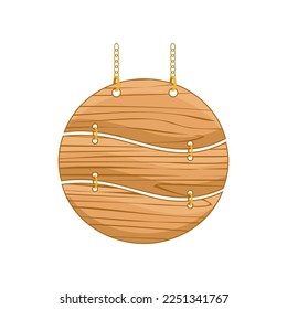 Wooden round sign hanging on chain cartoon illustration. Blank decorative banner for advertising, information, sale, cafe and restaurant names on rope. Guidepost concept