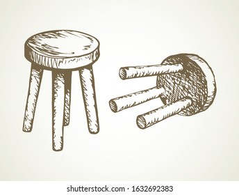 Wooden round stool. Vector drawing