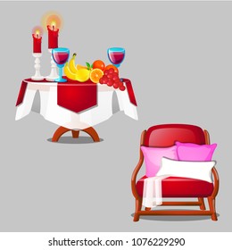 Wooden round table with romantic dinner and red armchair with pillows isolated on a grey background. Vector cartoon close-up illustration.