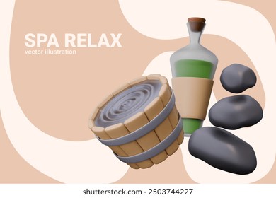 Wooden round tub with water, glass bottle with label, black stones for hot massage