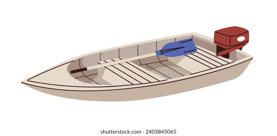 Wooden rowing boat with paddle. Water transport, lake and river vessel with oar. Small wood vehicle with seats for leisure. Flat vector illustration isolated on white background