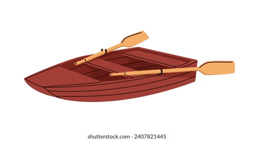 Wooden rowing boat with wood paddles. Water vessel, transport with oars. Small vehicle with seats for leisure, transportation. Flat vector illustration isolated on white background