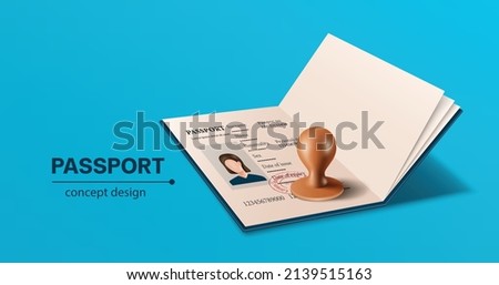 A wooden rubber stamp on a girl's blue passport template for designing advertising media for international travel and tourism,vector 3d isolated on blue background 