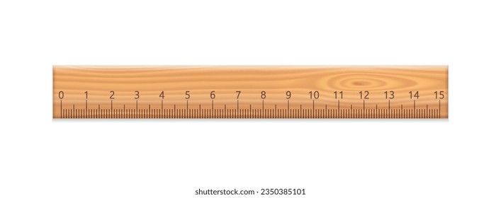 Wooden ruler with centimeter scale. School tool for measuring size, height, length. Wood bar with millimeters scale and numbers up to 15, vector realistic illustration isolated on white background