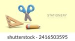 Wooden ruler, open scissors with blue handles, and yellow pencil