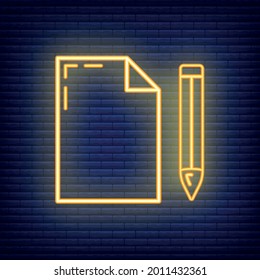 Wooden ruler pencil document icon glow neon style, educational institution process, back to school outline flat vector illustration, isolated on black. Concept supplies symbol, community college.