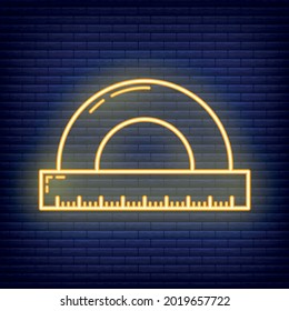 Wooden ruler pencil document icon glow neon style, educational institution process, back to school outline flat vector illustration, isolated on black. Concept supplies symbol, community college.