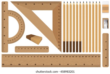 Wooden ruler and pencil, eraser with sharpener on white background. Drawing set.