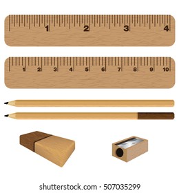 Wooden ruler and pencil, eraser with sharpener isolated on white background.