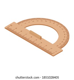 Wooden ruler protractor vector. Metric Imperial. Centimeter. Classic education measure tool equipment isolated on white background. Isometric view