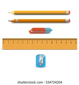 Wooden ruler and school equipment. Eraser, pencils, pencil sharpener. Vector illustration.