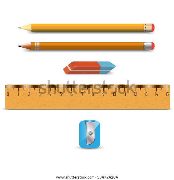 木製の定規と学校設備 消しゴム 鉛筆 鉛筆削り ベクターイラスト のベクター画像素材 ロイヤリティフリー