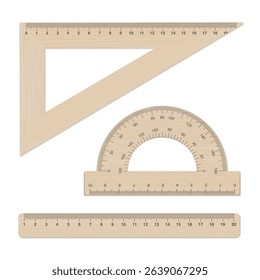 Wooden ruler vector mockup set. Wood protractor, triangle and straight ruler scale. School measuring equipment tool