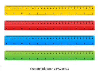 Wooden rulers 30 centimeters with shadows isolated on white. Measuring tool. School supplies. Vector stock illustration.