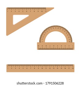 Wooden rulers set vector. Metric Imperial. Centimeter. Classic education measure tools equipment isolated on white background.