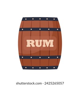 Wooden rum barrel. Cartoon oak old keg, alcohol storage. Symbol of pirates, adventure, treasure. Vector illustration