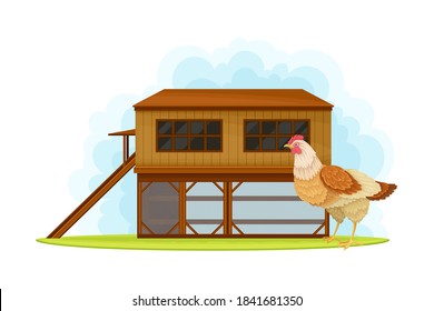 Wooden Rural House Exterior for Fowl or Poultry Breeding Vector Illustration