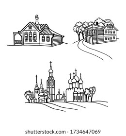 Wooden russian house and orthdox church in Vologda. Hand drawn sketches of historical buildings. Outline illustration for local tourist brochure