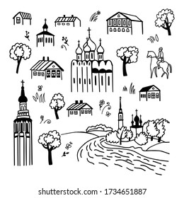 Wooden russian house and orthdox church in Vologda. Hand drawn sketches of historical buildings. Outline illustrations set for local tourist brochure