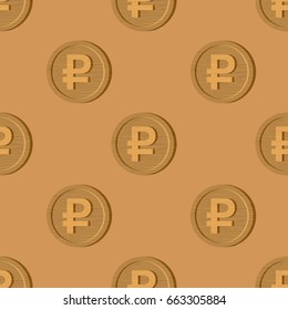 Wooden Russian ruble coin pattern. National Russia money logo. Cash symbol background