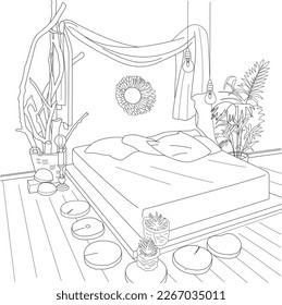 Dormitorio Rústico De Madera Concepto Vector Línea Arte 