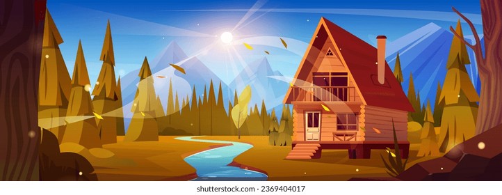 Hölzernes rustikales Haus im Wald nahe dem kleinen Fluss und hohen Felsbergen. Cartoon Vektor Herbstlandschaft von Wäldern mit Hügeln und Fluss, gemütliche Hütte für Ruhe oder Camping und sonnigen Himmel.