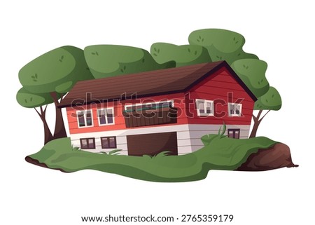 A wooden, rustic, red Scandinavian house surrounded by hills and green trees. Vector isolated cartoon illustration.