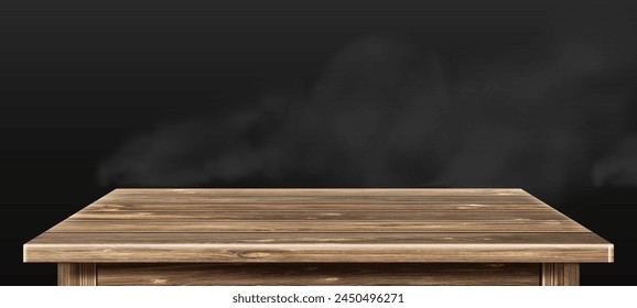 Wooden rustic table top on black background with smoke effect. Realistic 3d vector illustration of front perspective view on desk tabletop with brown wood texture surface for products display.