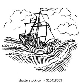 Wooden sail ship under strong wind in the sea