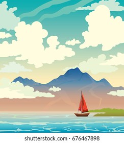 Wooden sailboat, calm sea, silhouette of mountains and cumulus clouds on a blue sky. Summer vector landscape. Natural illustration.