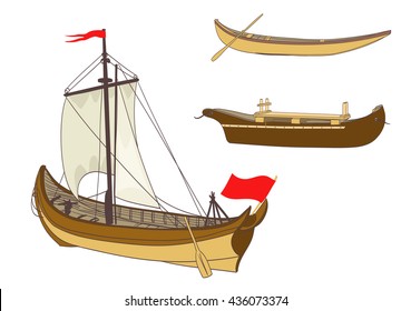 wooden sailing boats on white. vector illustration