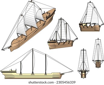 Wooden sailing ship cartoon illustration vector sketch