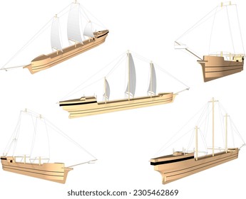 Wooden sailing ship cartoon illustration vector sketch