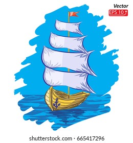 Wooden Sailing ship, sailboat,  brigantine  in a blue sea, ocean, isolated  on white  background, vector illustration