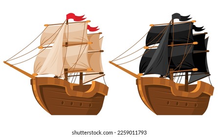 Wooden sailing ships. Sail boats with white and black sails. Cartoon set of old wooden ships, vintage galleons on white background. Vector graphics