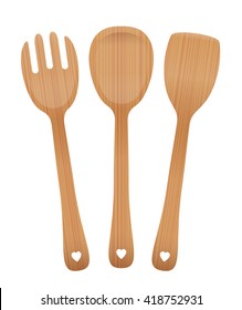 Wooden salad servers - fork, spoon and spatula with wooden texture and blanked out hearts on the handles. Vector illustration on white background.